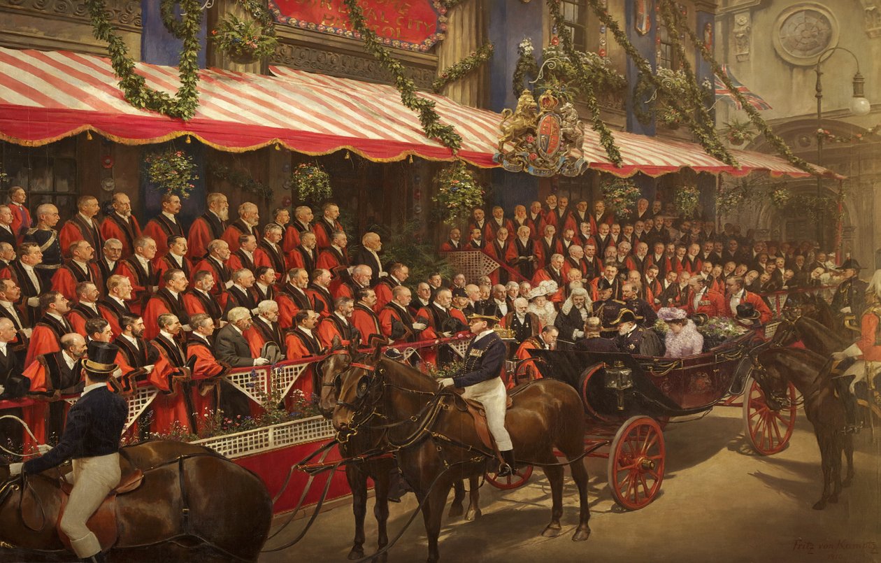 Kuningas Edward VII jakoi ritarikunnan kunnian vankila Edward B. Jamesille valtuustotalossa 9. heinäkuuta 1908 tekijältä Fritz von Kamptz