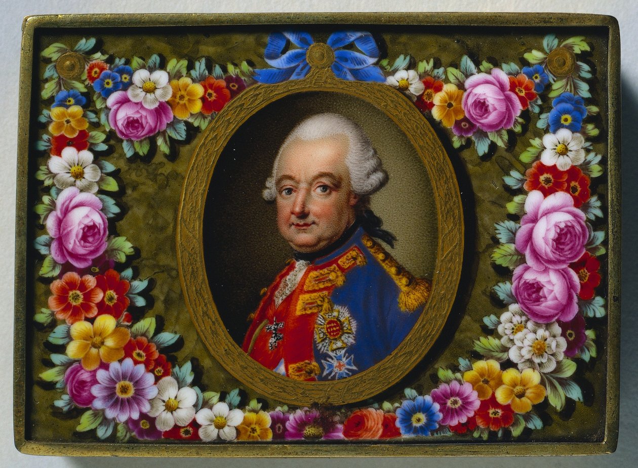 Nuuskalaatikko Kaarle I:n, Brunswickin herttuan muotokuvalla, n. 1770. tekijältä Fürstenberg Porcelain Factory