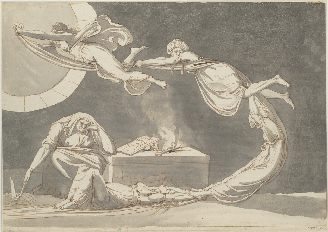 Taikauskohtaus noidan kanssa alttarilla, 1779. tekijältä Füssli