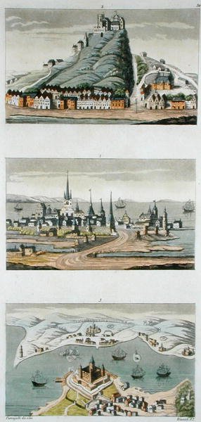 Skandinavian satamat (ylhäältä alas: Kööpenhamina, Segeburgin linnoitus ja Sundin linnoitus) n. 1800-15, levy 50 Jules Ferrarion teoksesta "Le Costume Ancien et Moderne", kaiverrettu Angelo Biasioli (1790-1830), julkaistu n. 1820-30-luvuilla (värilitro). tekijältä Fumagalli (after)
