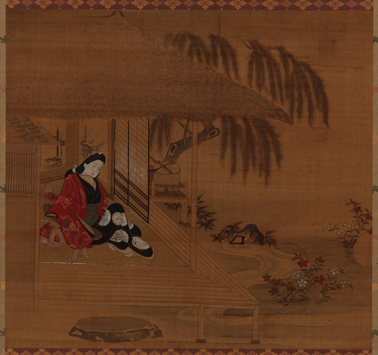Puutarha, sisustus ja istuva tyttö, Edo-kausi, 1615-1868. tekijältä Furuyama Moroshige