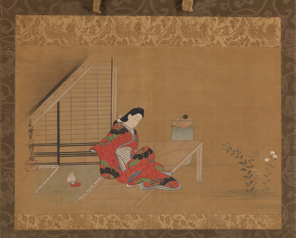 Nuori nainen verannalla, 1600-luvun toinen puoli. tekijältä Furuyama Moroshige