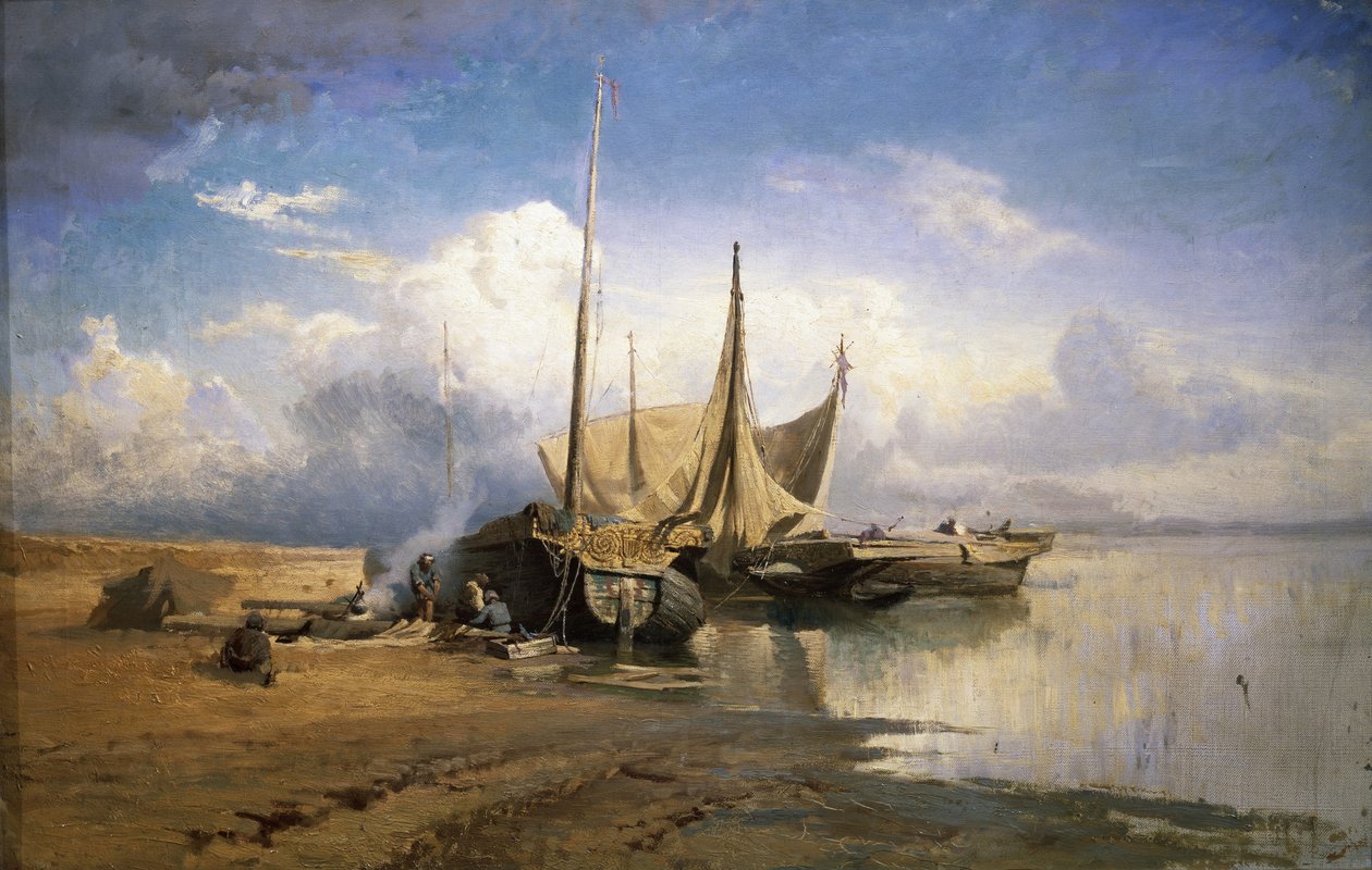 Näkymä Volgalle. Veneet, 1870 tekijältä Fyodor Alexandrovich Vasilyev