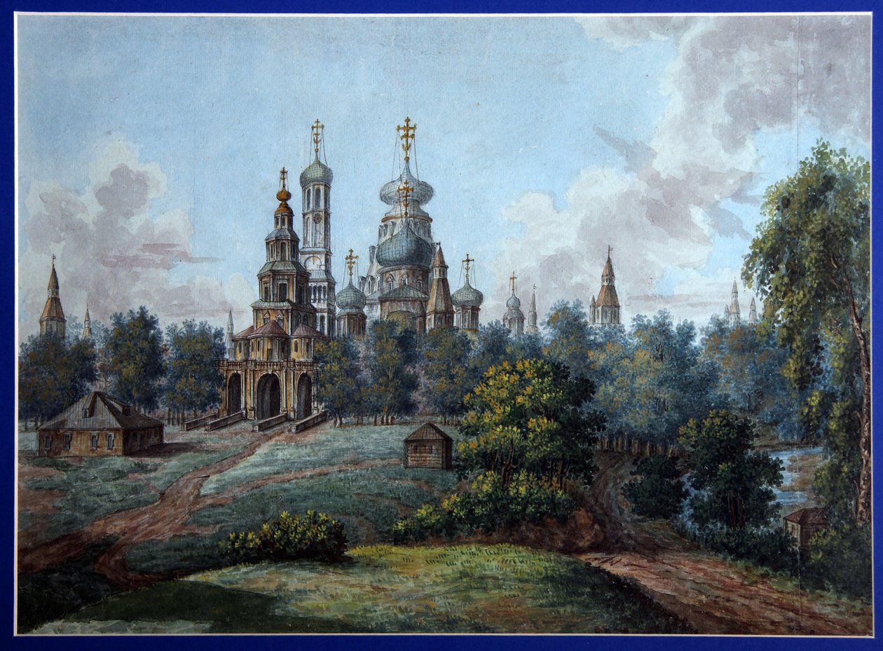 Uusi Jerusalemin luostari. Venäjän ortodoksinen arkkitehtuuri Istrassa lähellä Moskovaa. Fjodor Jakovlevich Aleksejevin (1753-1824) teos, akvarelli ja tussi paperille, n. 1800. Venäläinen taide, 1800-luvun alku, klassismi. st tekijältä Fyodor Alexeyev