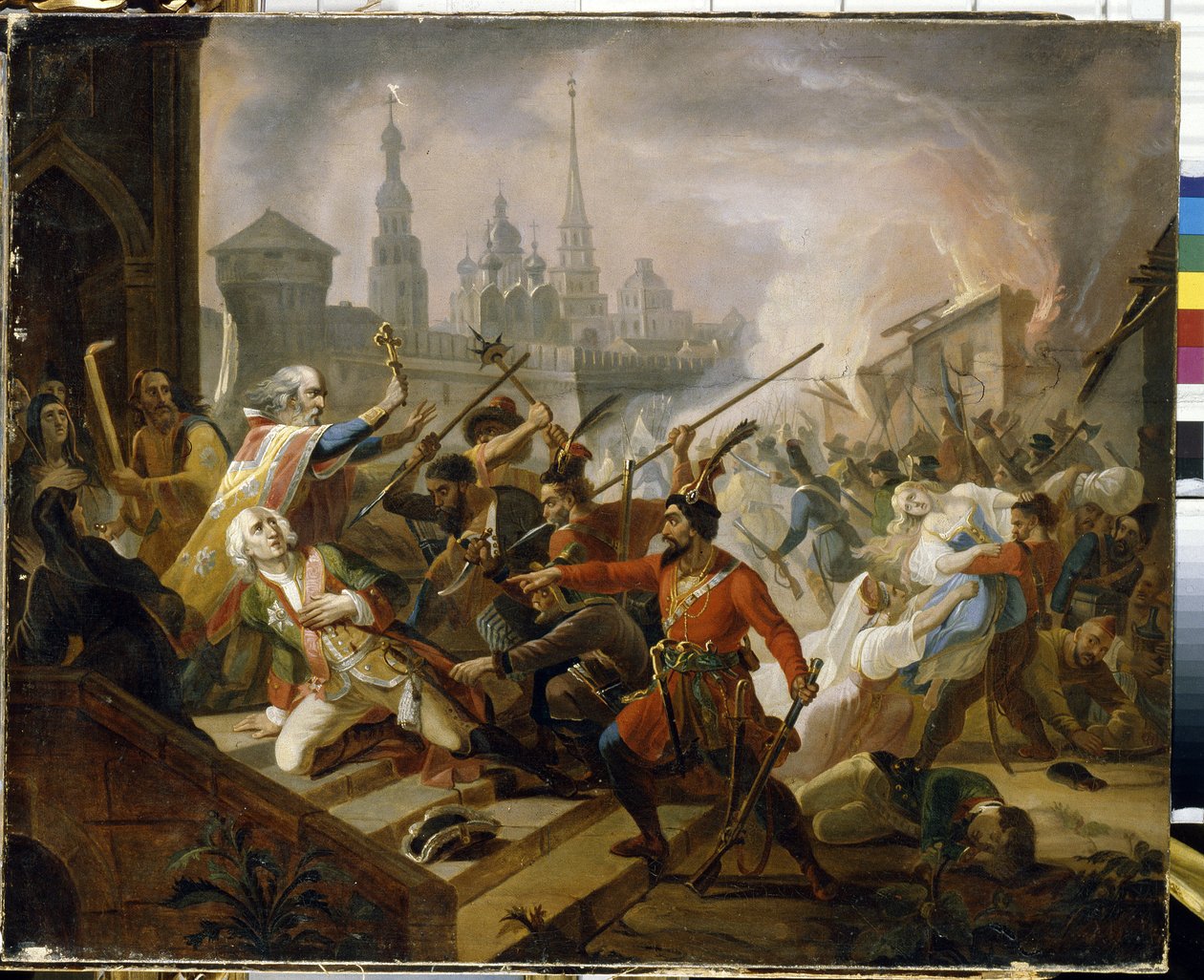 Venäjän talonpoikaissota 1773-1775 (Jaik-kasakkojen Jackson): Kazanin taistelu heinäkuussa 1774, Emelian Ivanovitch Pougatchov (Iemelian tai Emilien Pougatchov) (1742-1775) kapinan kohtaus. (Pugatšovin Kazanin taistelu heinäkuussa 1774. tekijältä Fyodor Antonovich Molier