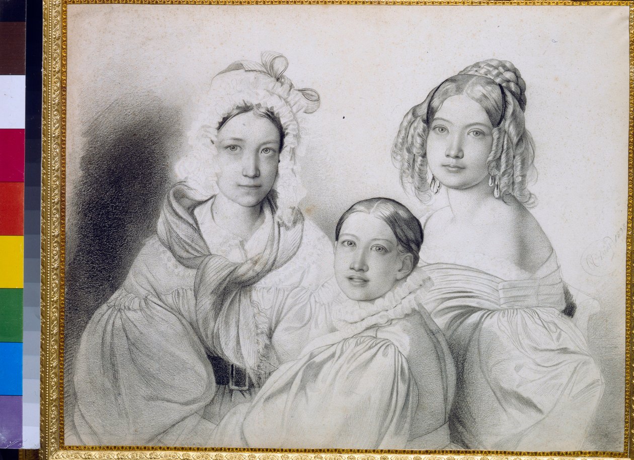 Muotokuvia kreivitäristä Praskoviasta (1817-1835), Nadezhdasta (1822-1840) ja Mariasta (1813-1849), Venäjän prinssin Piotr Viazemskin (Pierre Wiazemsky) (1792-1878) tyttäristä - Piirustus Feodor (Fidelio) Bruni 1799-1875) tekijältä Fyodor Bruni
