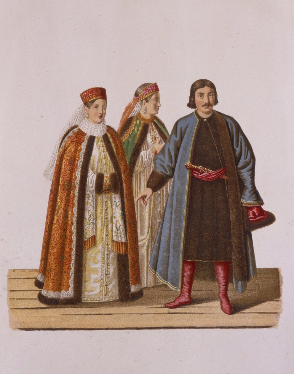 Naimattomien Bojarien tyttärien vaatteet Pietari I:n aikana Sarjasta Clothing of the Pietari tekijältä Fyodor Grigoryevich Solntsev