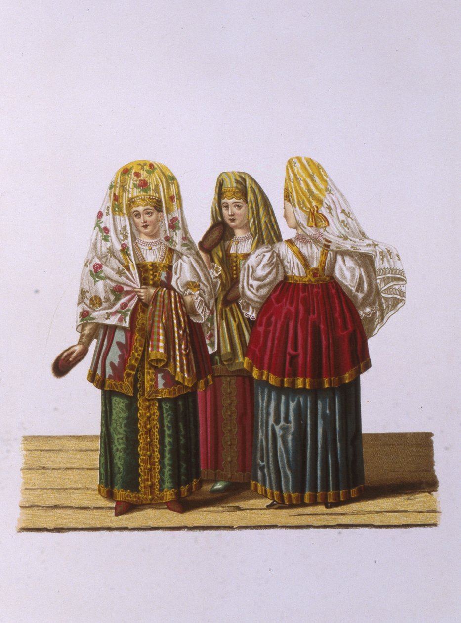 Naisten ja tyttöjen puvut Tveristä Sarjasta Venäjän valtion vaatteet, 1851 tekijältä Fyodor Grigoryevich Solntsev