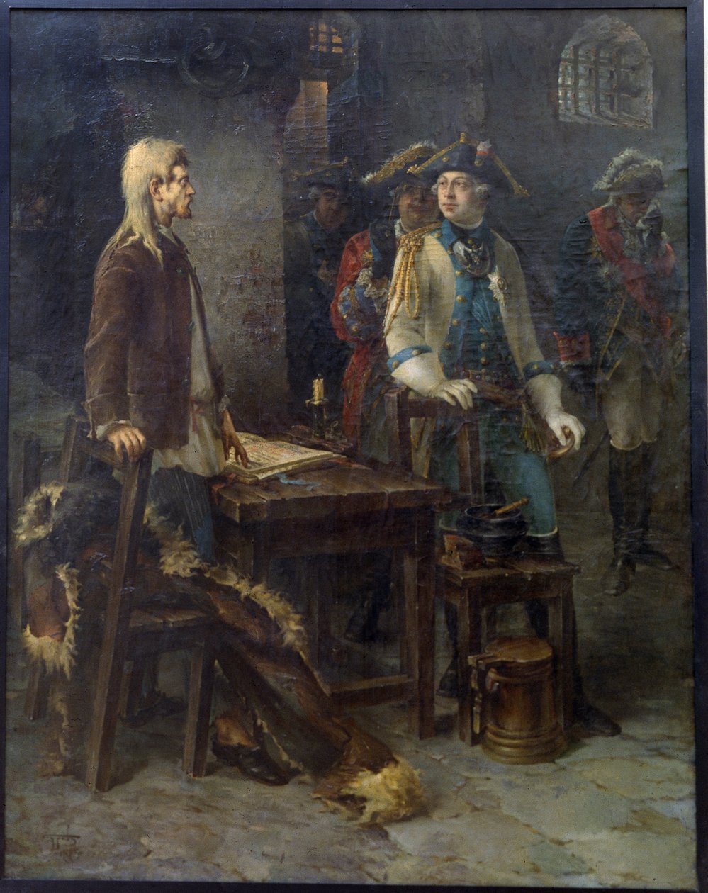 Keisari Pietari III vierailee Ivan VI Antonovichin luona Shlisselburgin linnoituksella vuonna 1762 - Fjodor Jemeljanovitšin maalaus tekijältä Fyodor Jemelyanovich Burov