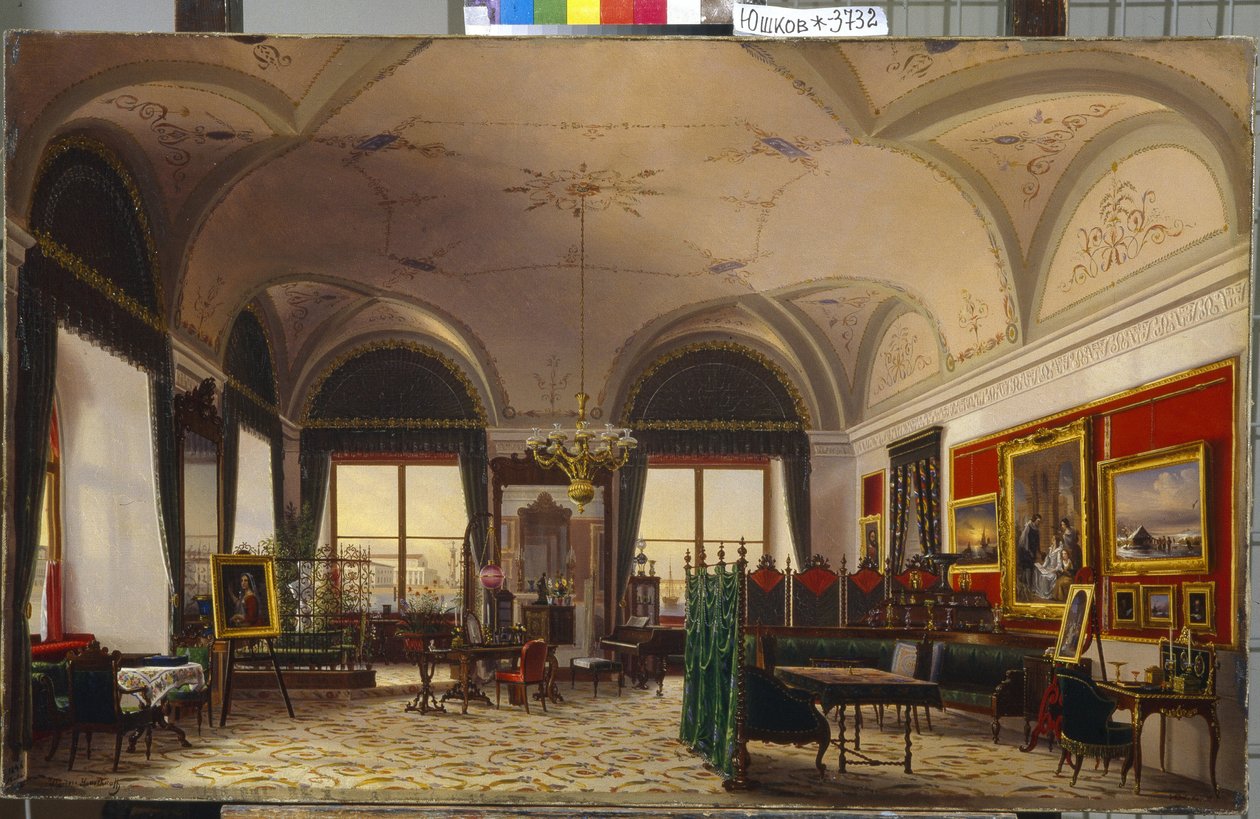 Venäjän suurherttuatar Olga Nikolajevnan (1822-1895) toimisto Pietarin Talvipalatsissa. (Venäjän suurherttuatar Olga Nikolaevnan tutkimus Talvipalatsissa). Maalaus Fjodor Osipovich Jushkov (1819-1876), öljy kankaalle tekijältä Fyodor Osipovich Yushkov