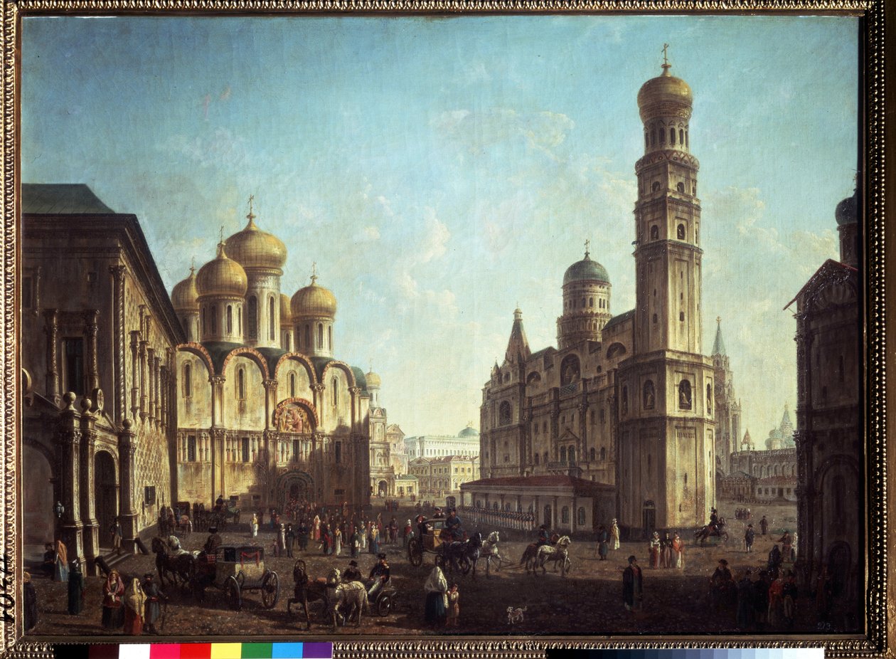 Katedraaliaukio Moskovan Kremlissä. Fjodor Jakovlevich Aleksejevin (1753-1824) maalaus. Öljy kankaalle, 81,5 x 112 cm. Venäläinen taideklassismi. Valtion Tretjakovin galleria, Moskova. tekijältä Fyodor Yakovlevich Alexeev