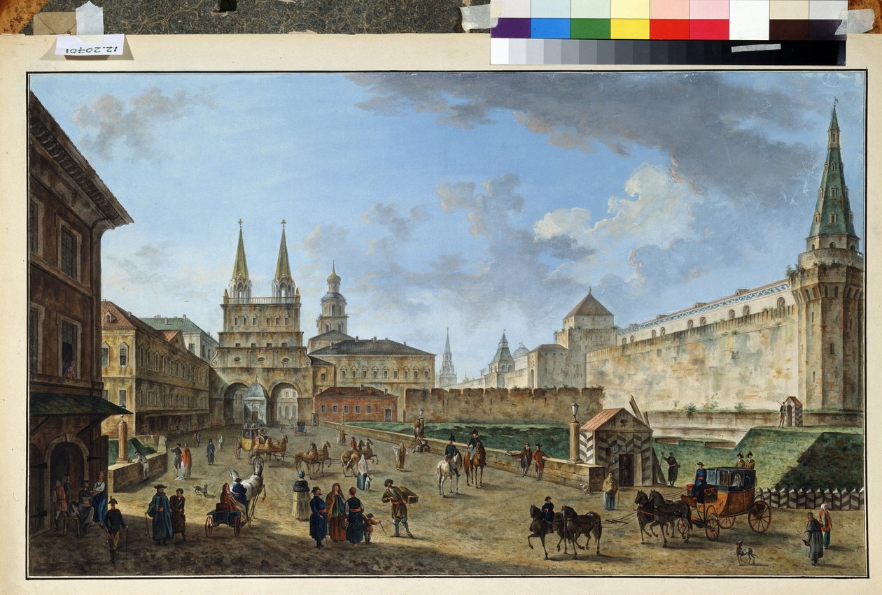 Moskova, Näkymä ylösnousemusportille Punaisella torilla. Fjodor Jakovlevich Aleksejevin (1753-1824) maalaus. Akvarelli ja guassi paperille, 58,2 x 91,2 cm, n. 1801. Venäläistä taidetta, klassismia. Museo tekijältä Fyodor Yakovlevich Alexeev