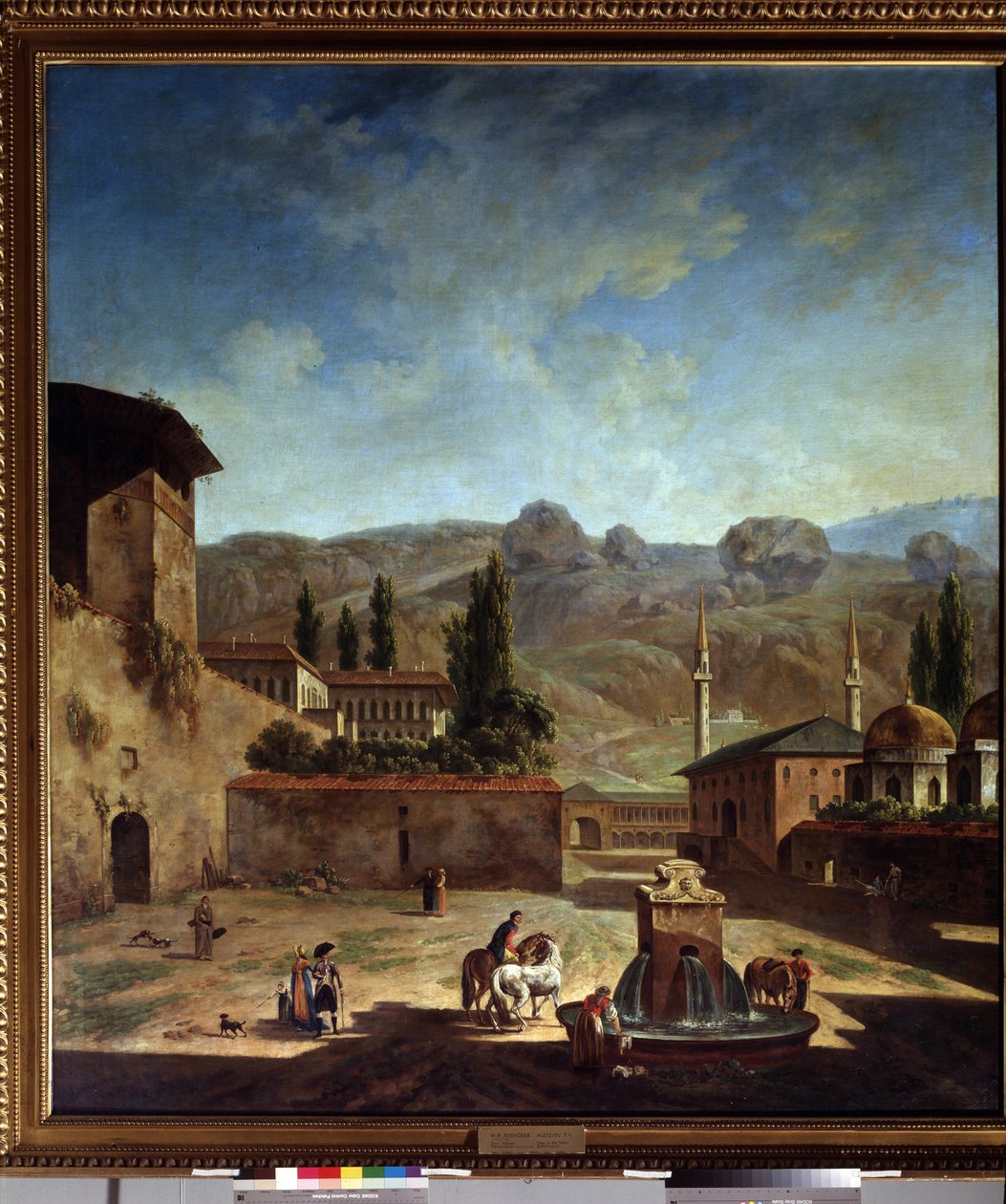 Vue de la ville de Bakhchisaray (Ukraina) (näkymä Bakhchisarayn kaupunkiin). Peinture de Fjodor Jakovlevich Alekseev (1753-1824). Huile sur toile tekijältä Fyodor Yakovlevich Alexeev