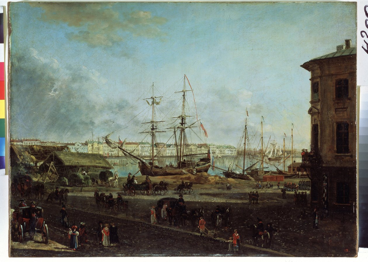 Näkymä Englannin pengerrykseen Vasilievsky-saarelta, Pietarista (Näkymä Englannin pengerrykseen Vasilievsky-saarelta). Fjodor Jakovlevich Aleksejevin (1753-1824) maalaus. Öljy kankaalle, 53 x 72,5 cm tekijältä Fyodor Yakovlevich Alexeev