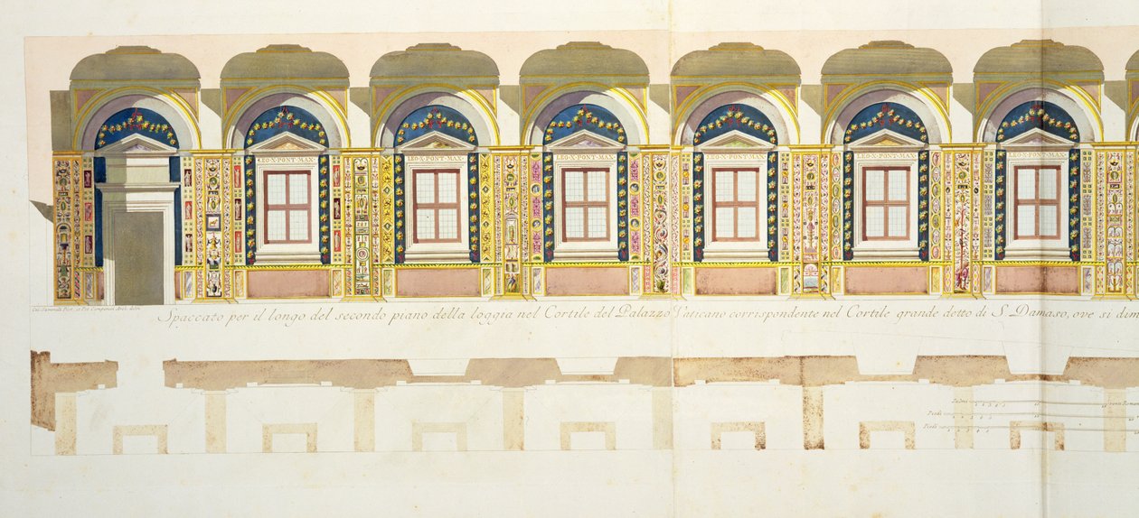 Pystyleikkaus Vatikaanin Raphael Loggian toisesta kerroksesta, "Delle Loggie di Rafaele nel Vaticano", julkaistu n. 1772-77 (käsinvärinen kaiverrus) tekijältä G. and Camporesi, P. Savorelli