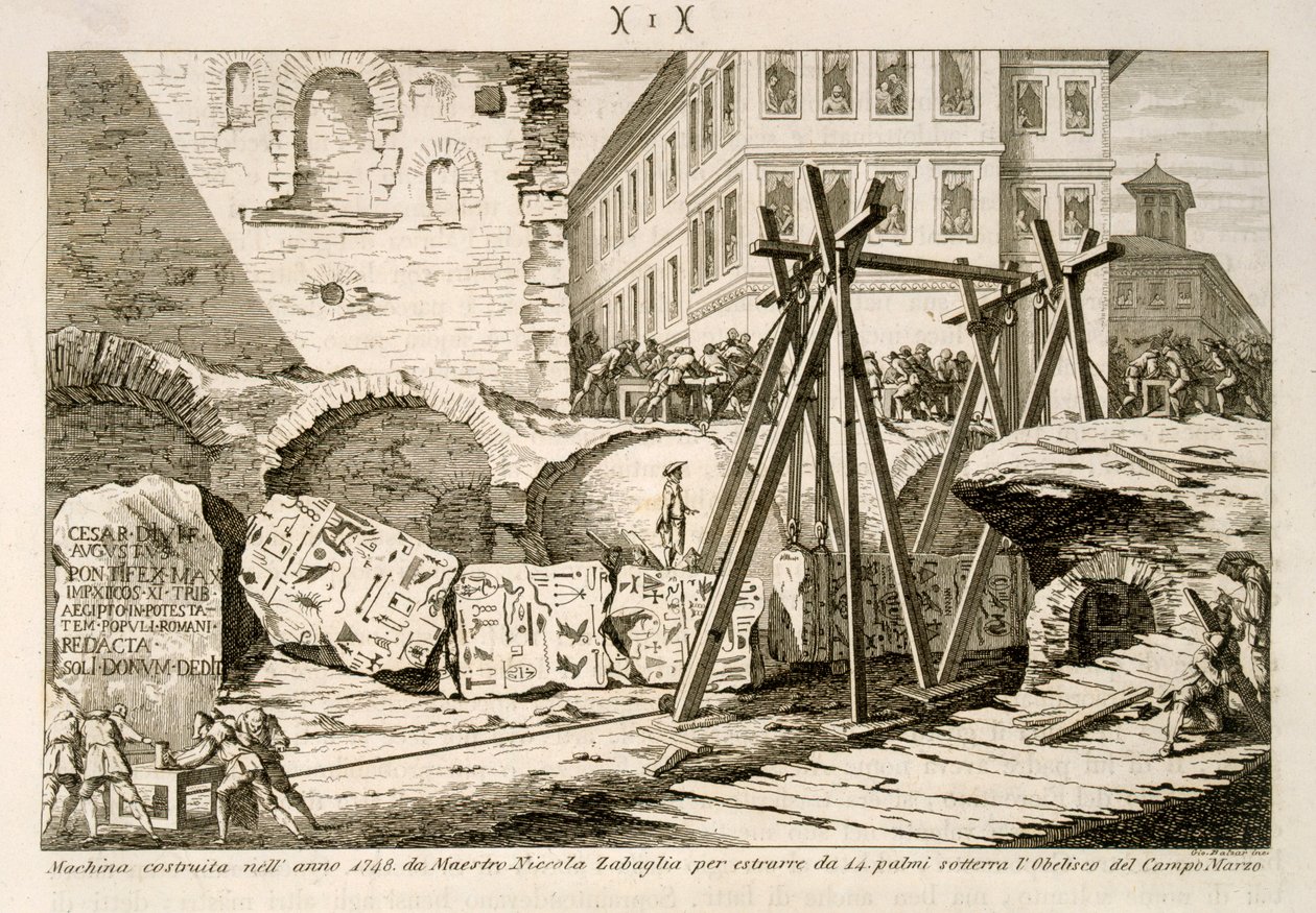 Nicola Zabaglian vuonna 1748 keksimä laite obeliskin nostamiseen Campus Martiusissa, joka oli 14 kättä maan alla. tekijältä G. Balzar