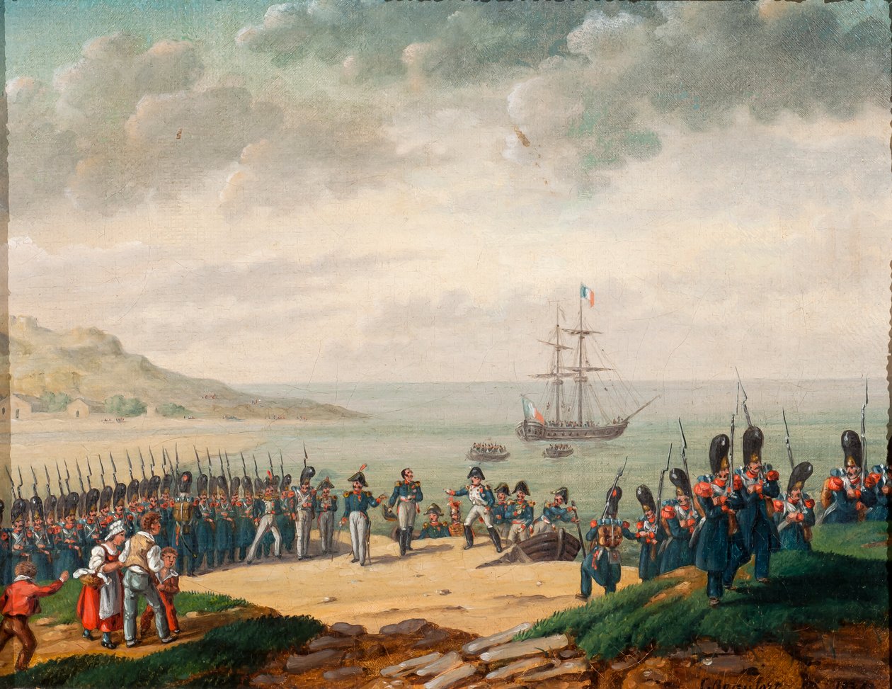 Napoleon poistumassa aluksesta Cannesissa 1815, 1835 tekijältä G. Beaufort