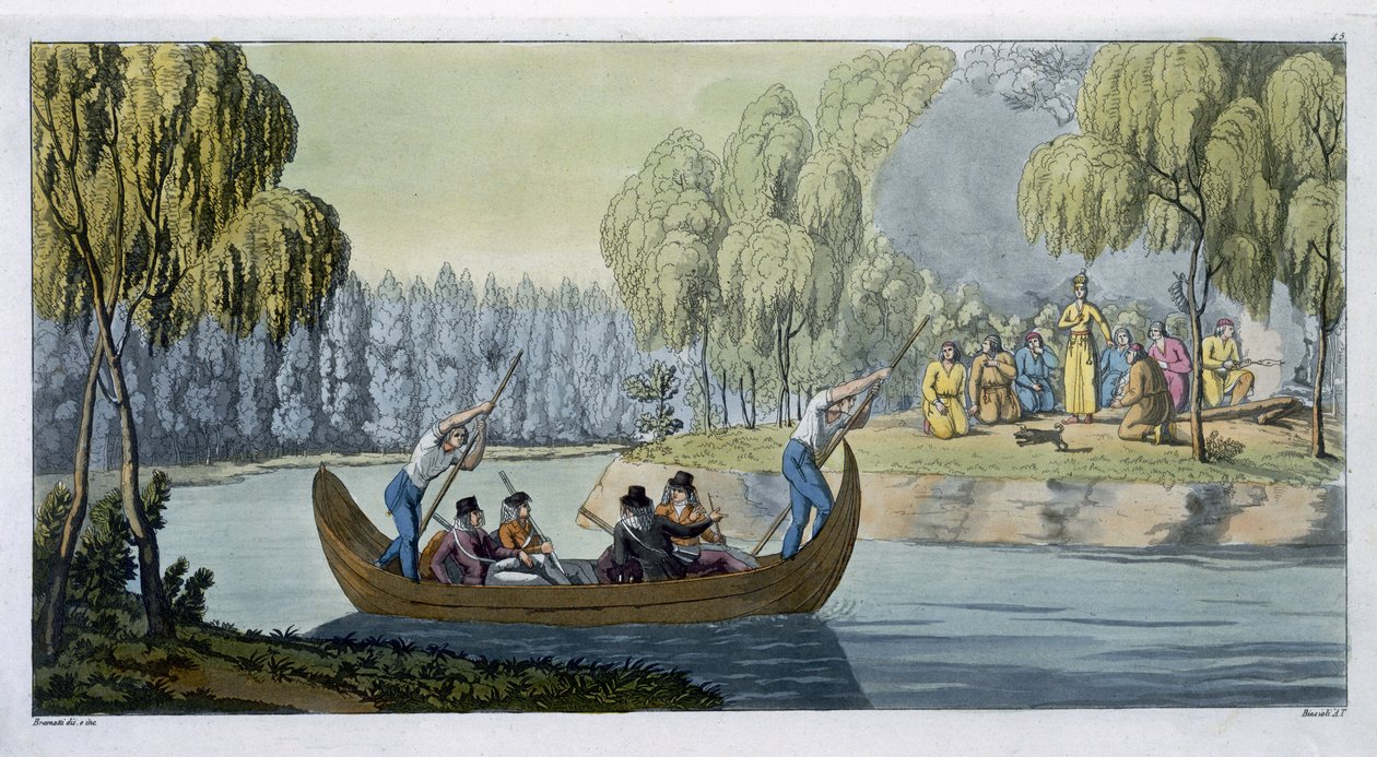 Kuningatar Oberean huijaus kapteeni Wallisin toimesta, levy 45 Jules Ferrarion teoksesta "Le Costume Ancien et Moderne", julkaistu noin 1820-30-luvuilla. tekijältä G. Bramati