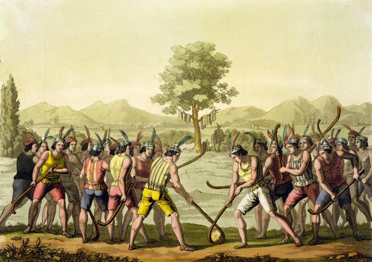 Intiaanit leikkimässä Ciuecaa, Chile, teoksesta "Le Costume Ancien et Moderne", osa II, levy 29, Jules Ferrario, kaiverrettu Paolo Fumagallin (1800-luku) toimesta, julkaistu noin 1820-30-luvuilla (värikaiverrus). tekijältä G. Bramati