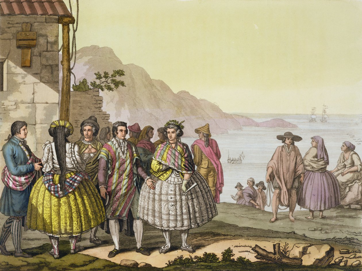 Miehiä ja naisia taidokkaissa puvuissa, Chile, teoksesta "Le Costume Ancien et Moderne", osa II, levy 27, Jules Ferrario, kaiverrettu Paolo Fumagalli, julkaistu noin 1820-30-luvuilla. tekijältä G. Bramati