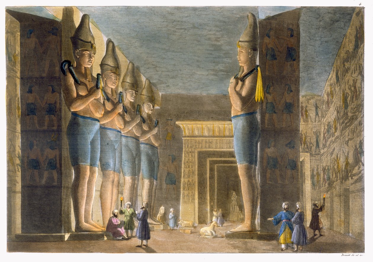 Ramses II:n temppeli (1279-13 eKr.) Abu Simbel, Egypti, levy 4 Jules Ferrarion teoksesta "Le Costume Ancien et Moderne", julkaistu noin 1820-30-luvulla tekijältä G. Bramati