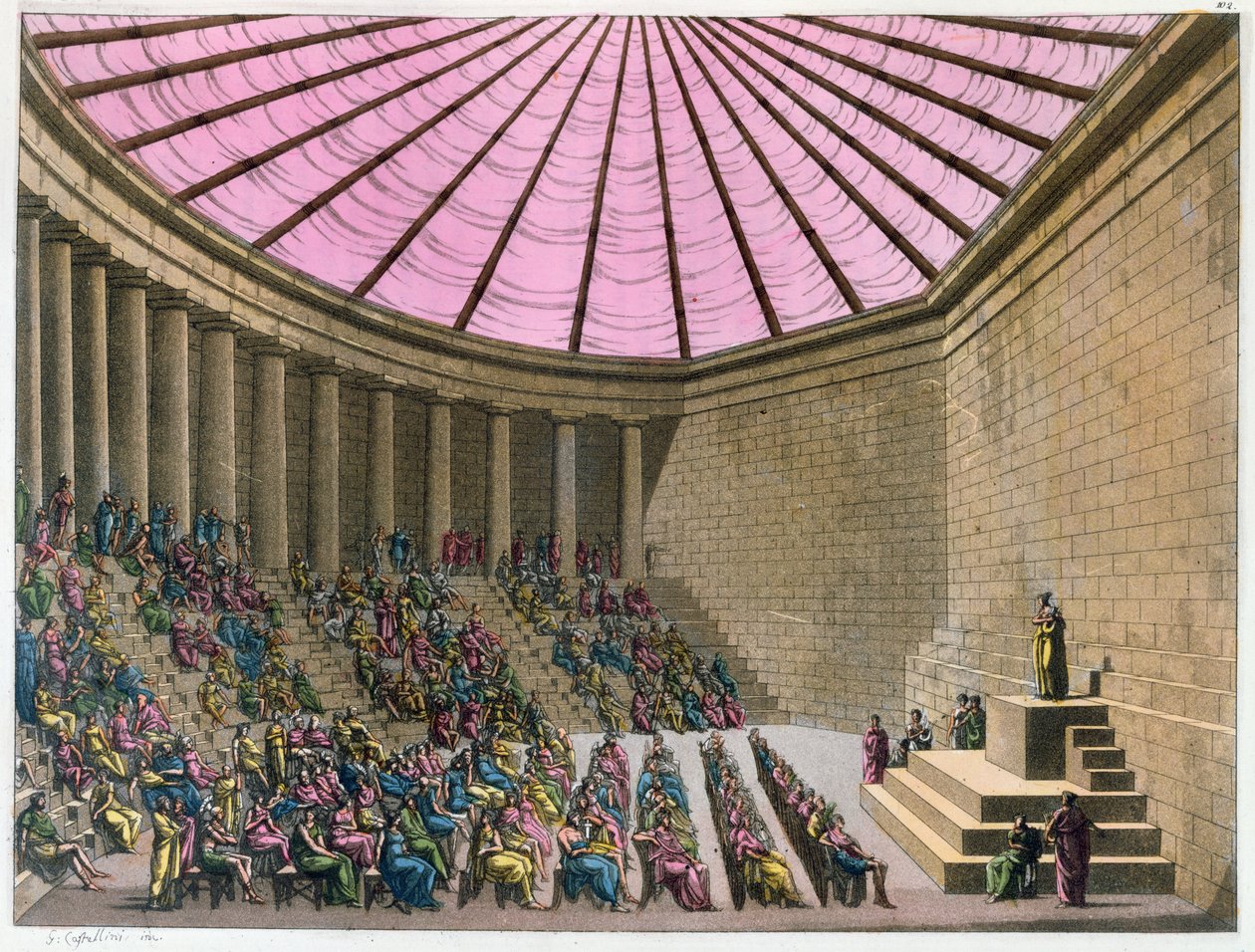 Odeon Perikleen aikana, kuvitus Giulio Ferrarion teoksesta Il Costume Antico e Moderno, Milano, 1815-1834 (käsinvärinen kaiverrus) tekijältä G. Castellini