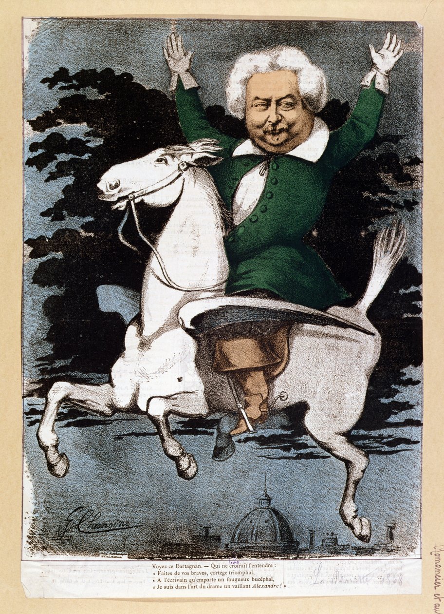 Karikatyyri Alexandre Dumas perestä (1803-70) muskettisoturina, kuvitus La Marottesta, 1868 tekijältä G. Chanoine