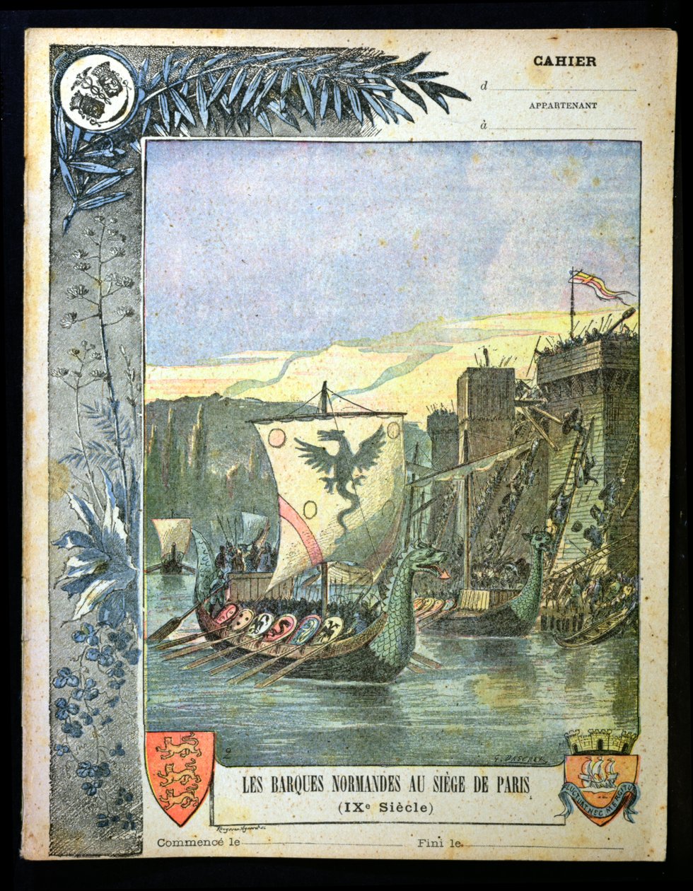Normannilaivat piirittävät Pariisia, kuva koulun harjoituskirjan kannesta, 1800-luvun loppu tekijältä G. Dascher