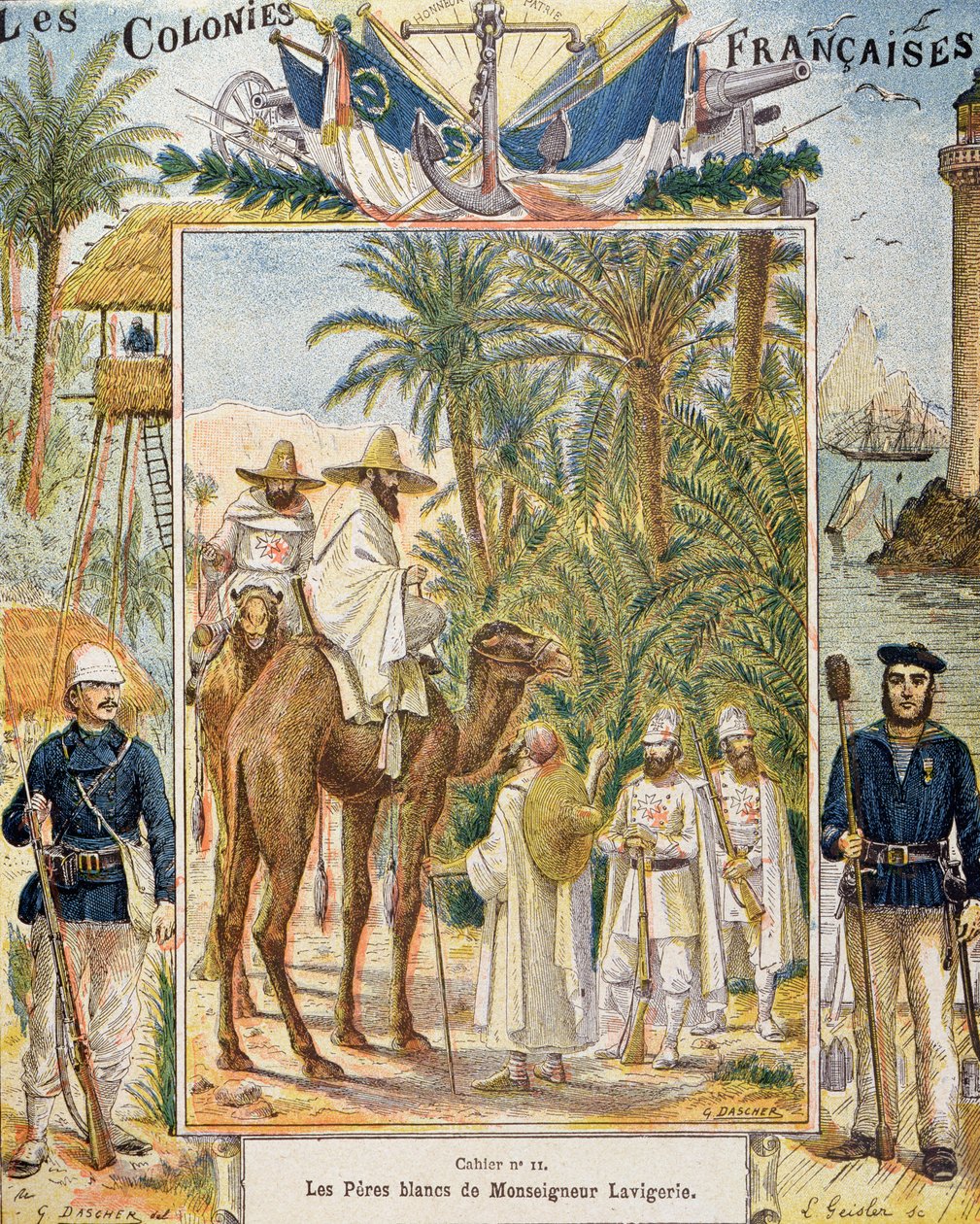 Kardinaali Lavigerien valkoiset isät Afrikassa, koulukirjan kansi, kaiverrus L. Geisler, n. 1880-90 tekijältä G. Dascher