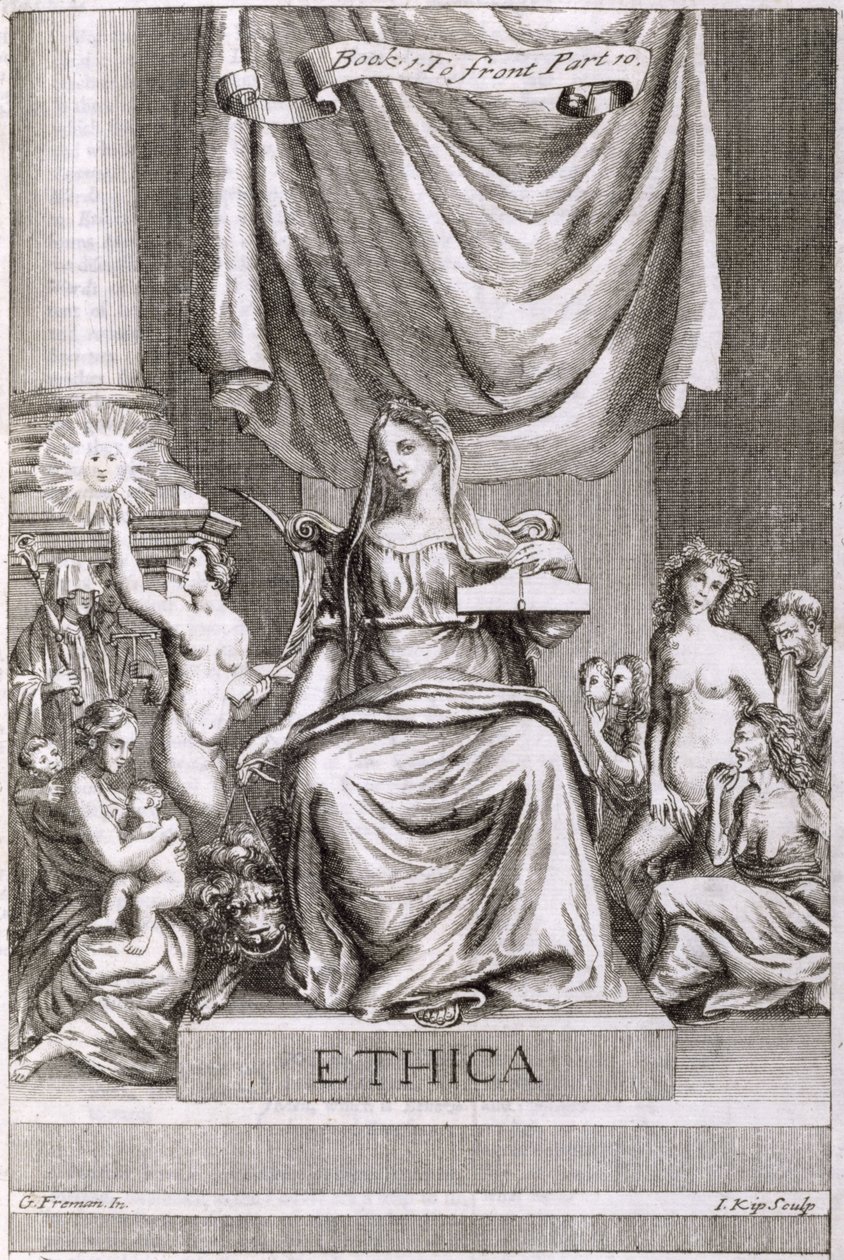 Etiikka, Anthony Le Grandin "Filosofian periaatteet" kirjan 1 osan 10 etukappale, kaiverrus Johannes Kip (165253-1722), 1694 tekijältä G Freman