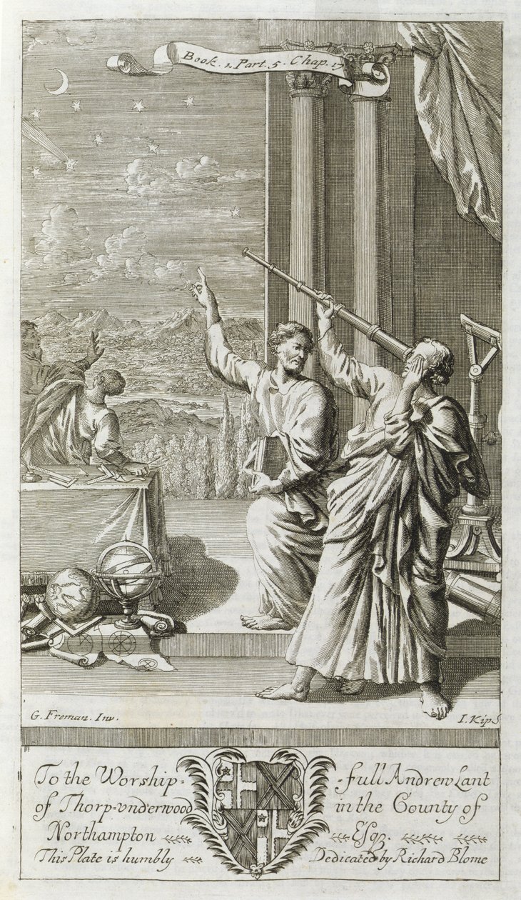 Kreikkalainen tähtitieteilijä tutkii tähtiä, kuvitus Anthony Le Grandin kirjan "Filosofian periaatteet" kirjan 1 osan 5 luvusta 17, kaiverrus Johannes Kip (16523-1722), 1694 tekijältä G Freman