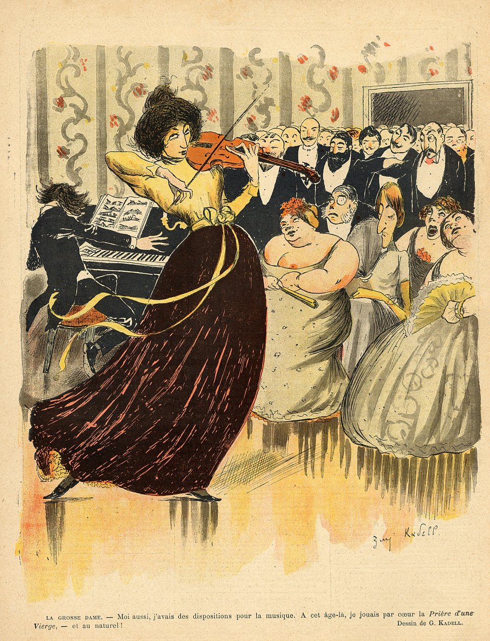 Satiiri salonkimusiikki-illasta Le Rire -lehden takakannesta, 17. joulukuuta 1898. tekijältä G. Kadell