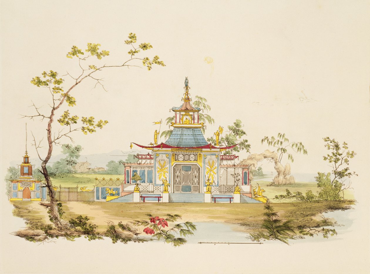 Suunnittelu kiinalaiselle temppelille, n. 1810 (kynä, muste ja wc paperilla) tekijältä G. Landi