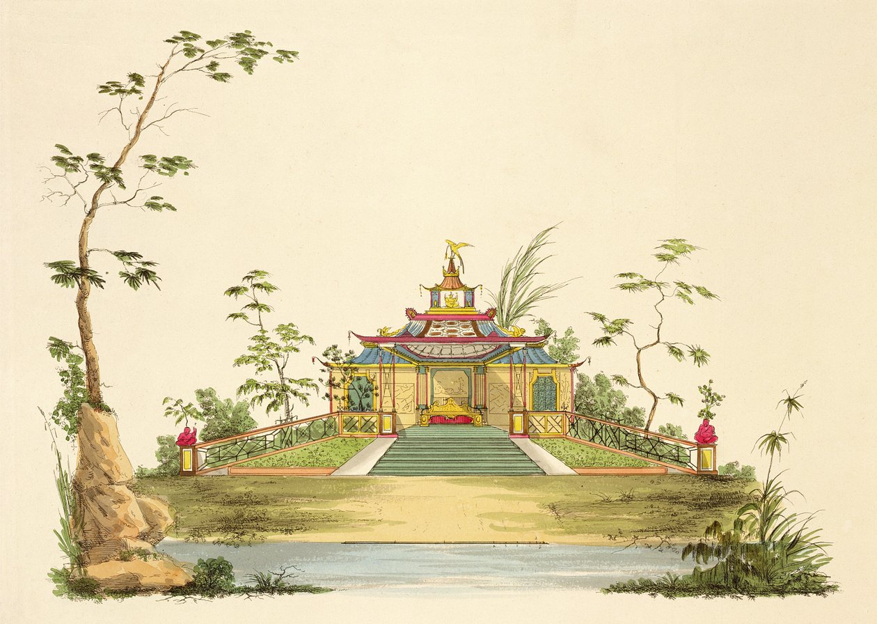 Suunnittelu kiinalaiselle temppelille, n. 1810 (kynä, muste ja wc paperilla) tekijältä G. Landi