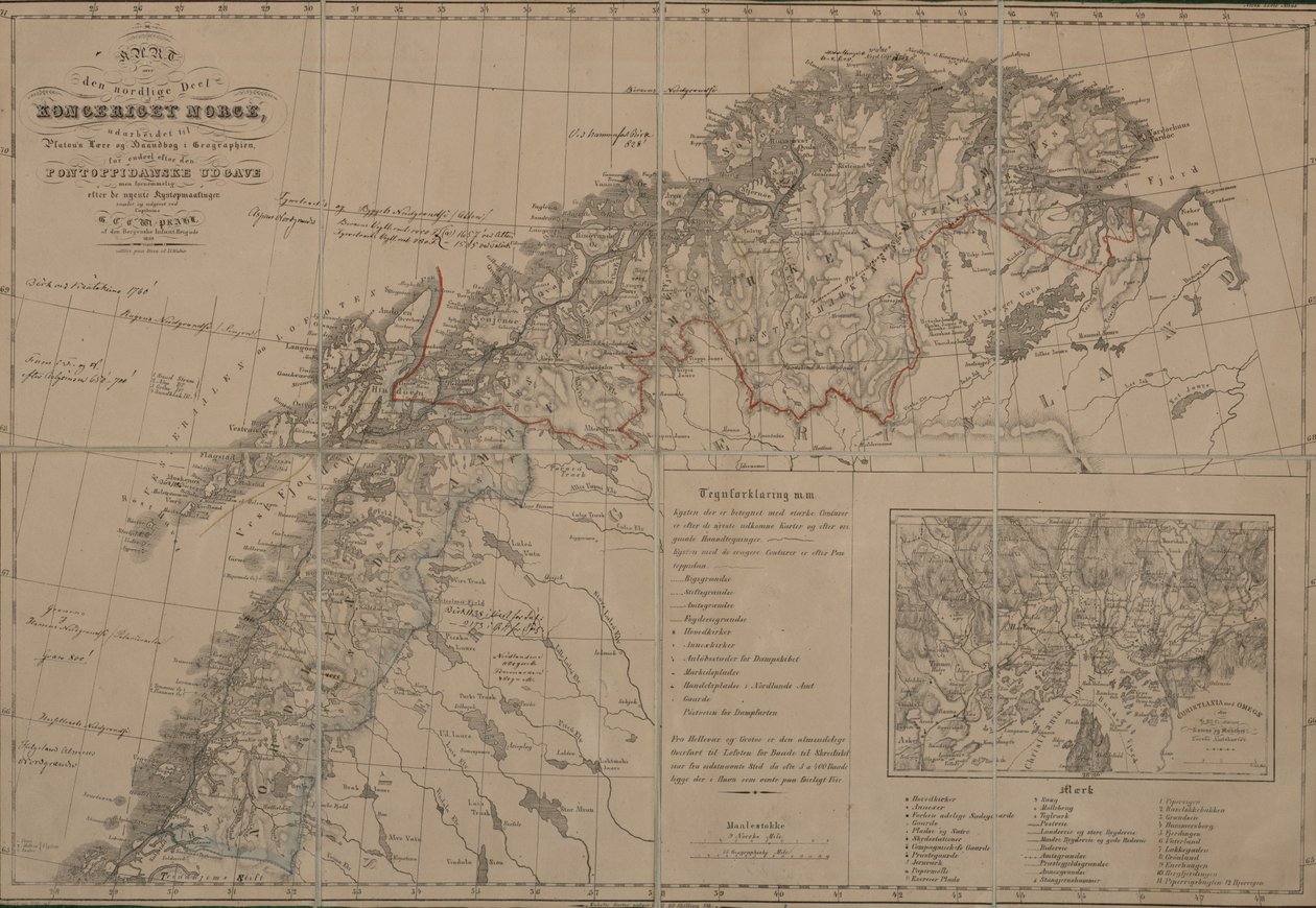 Kartta Nasjonalbibliotekets kartsamling. Kartet er gitt ut i Bergen (1839) ja Nord-Norge tekijältä G Prahl
