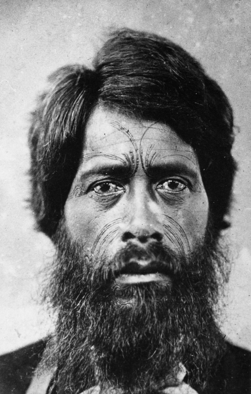 Maorimies, jolla on kasvotatuointi "Te Moko", 1860 tekijältä G. W. Bishop
