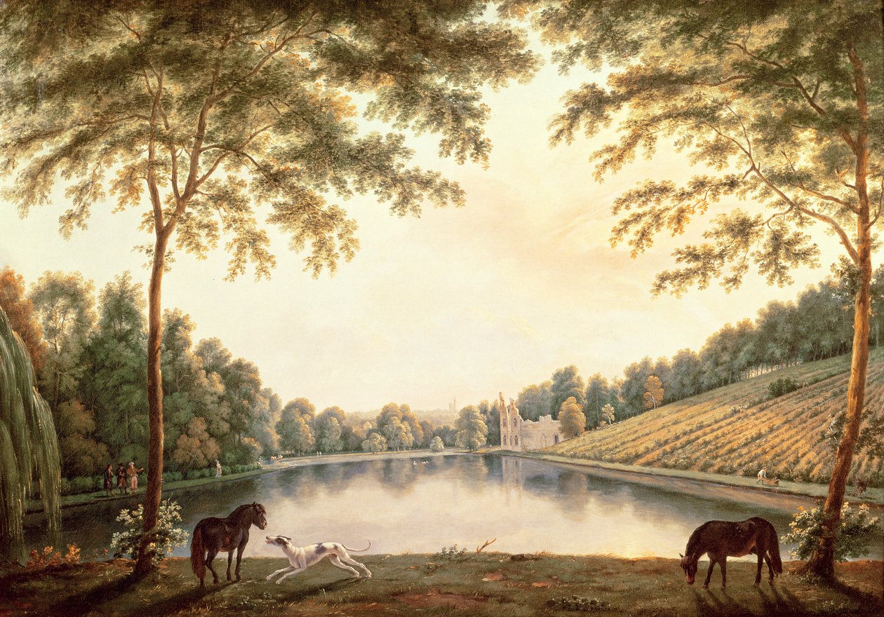 Näkymä järvelle ja Abbeyn raunioihin Painshillissä, Surreyssa tekijältä G. and Gilpin, S. Barrett