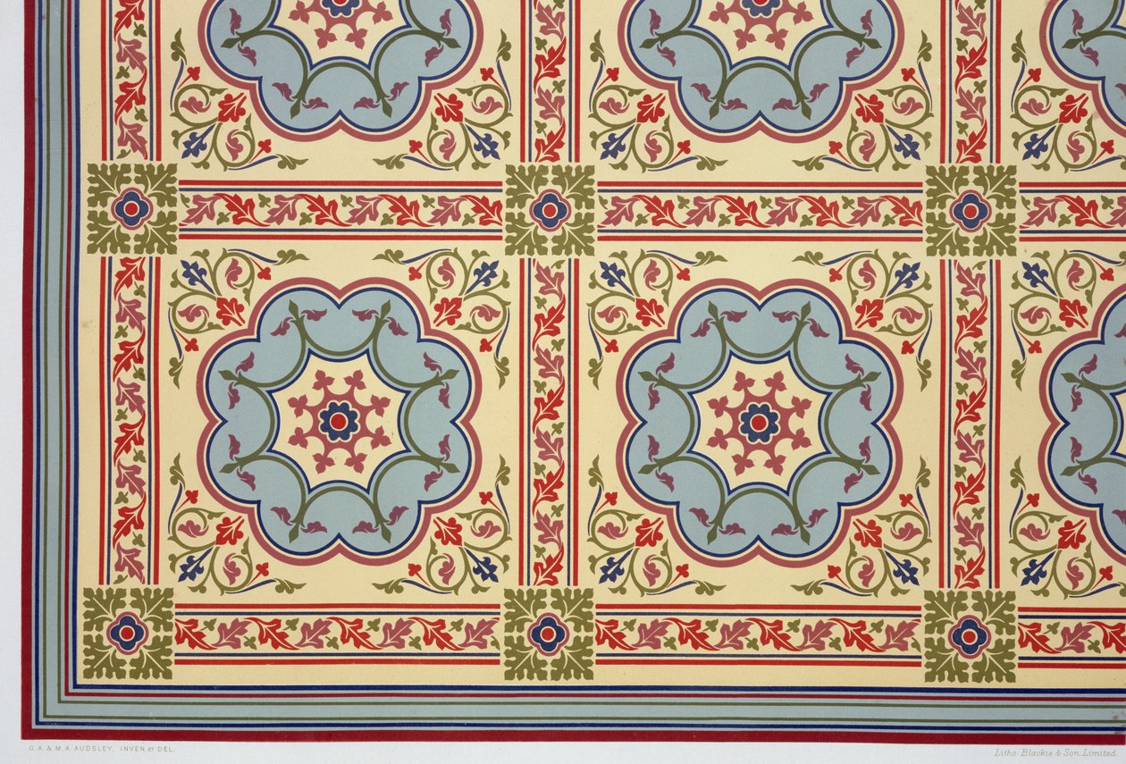 Keskiaikaiset mallit kattopalkeille, teoksesta The Practical Decorator and Ornamentalist, George Ashdown Audsley, 1892 tekijältä G.A. and M.A. Audsley