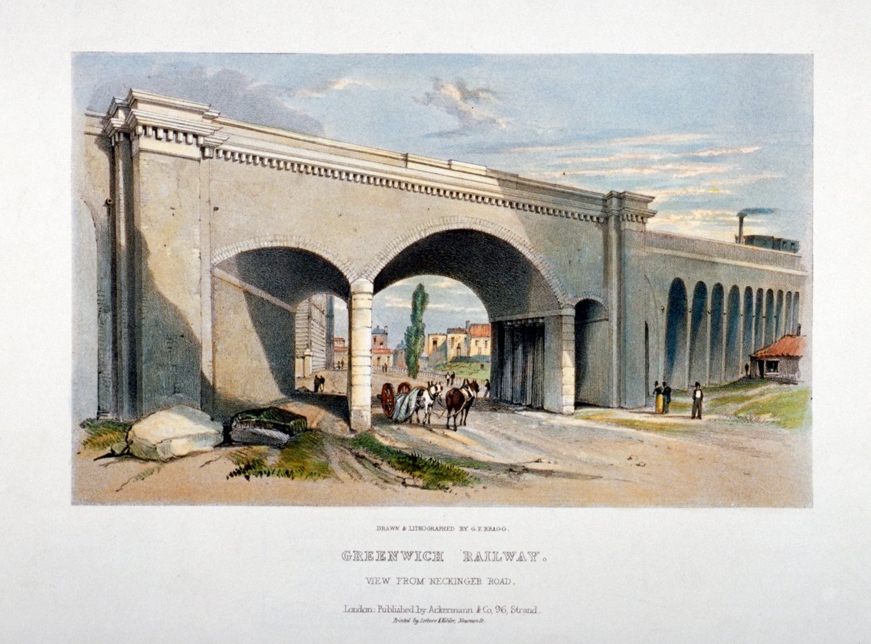 Lontoon ja Greenwichin rautatiesilta Neckinger Roadin yli, Bermondsey, Lontoo, 1836. tekijältä GF Bragg