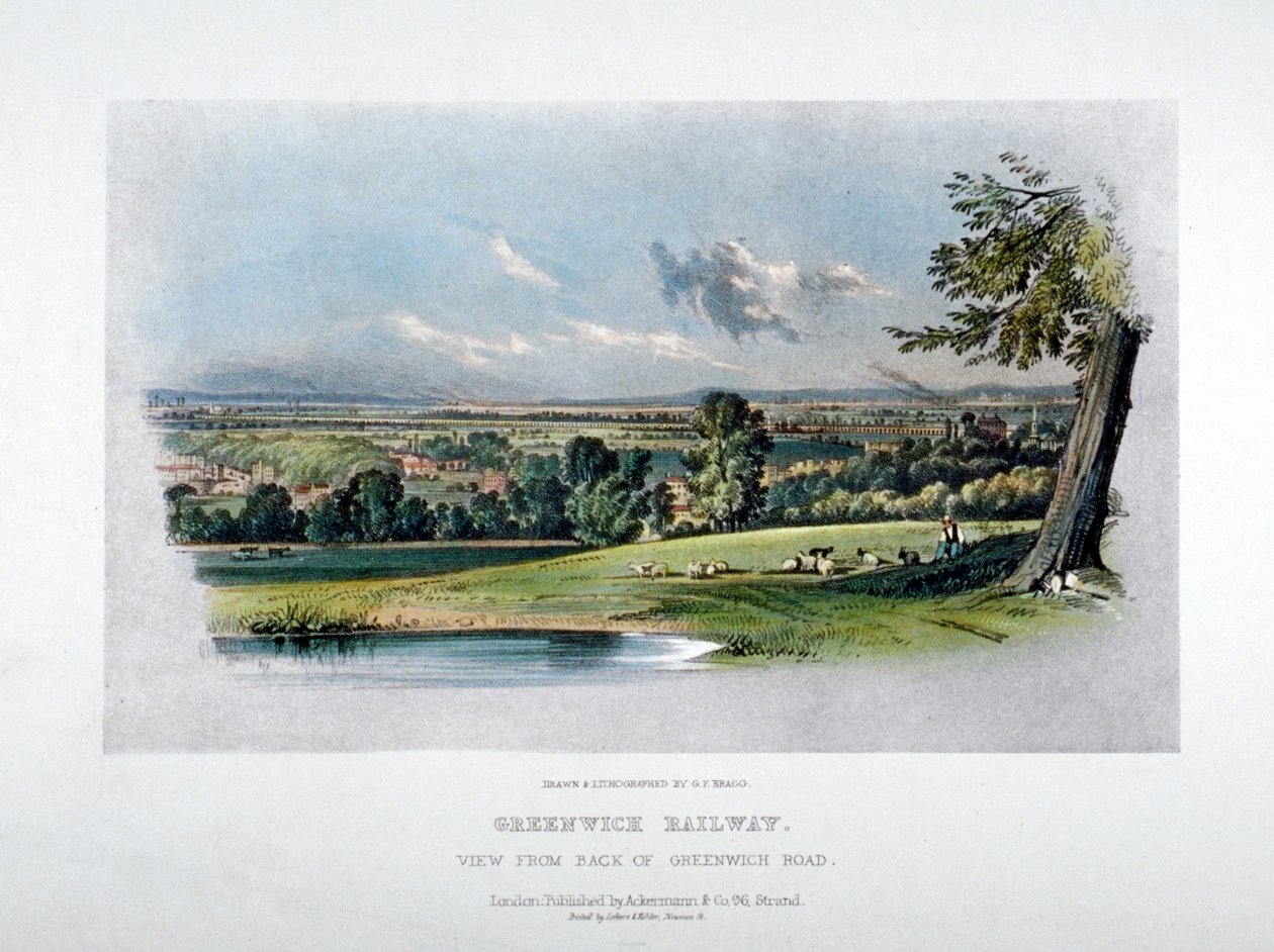 Näkymä Lontoon ja Greenwichin rautatielle Greenwich Roadin takaa, 1836 tekijältä GF Bragg