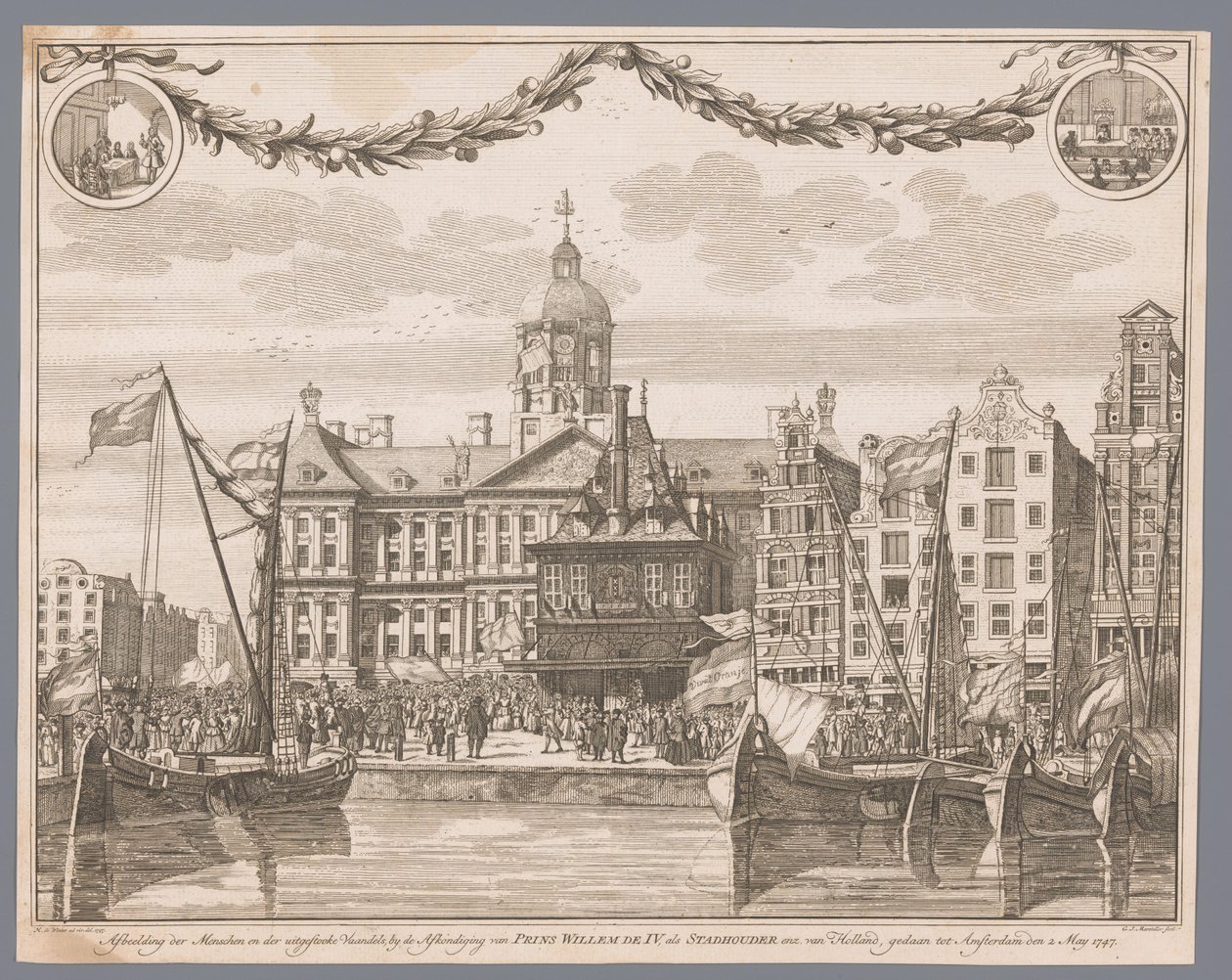 Väkijoukko Dam-aukiolla Amsterdamissa juhlii Willem IV:n julistamista kaupunginhaltijaksi Kuvaus ihmisistä ja lipuista, jotka ammuttiin, kun prinssi William IV julisti Hollannin valtionhaltijaksi jne., tehty Amsterdamiin asti 2. toukokuuta 1747 (nimi o tekijältä G.J. Marstaller