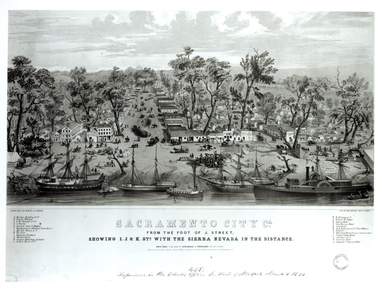Sacramento City, Kalifornia, J. Streetin juurelta, jossa näkyy I. J. ja K. Street sekä Sierra Nevada kaukana, kaiverrus William Endicott und Co., 1849 tekijältä G.V. Cooper