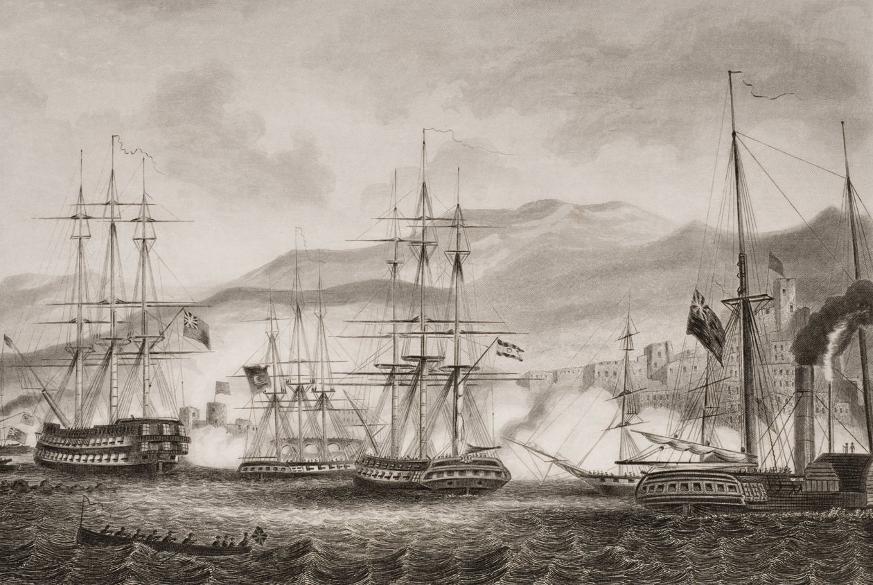 Hyökkäys Sidoniin, kommodore Charles Napier, syyskuu 1840, kuvitus teoksesta Englannin taistelut merellä ja maalla, Lieut. Eversti Williams tekijältä G.W. Terry