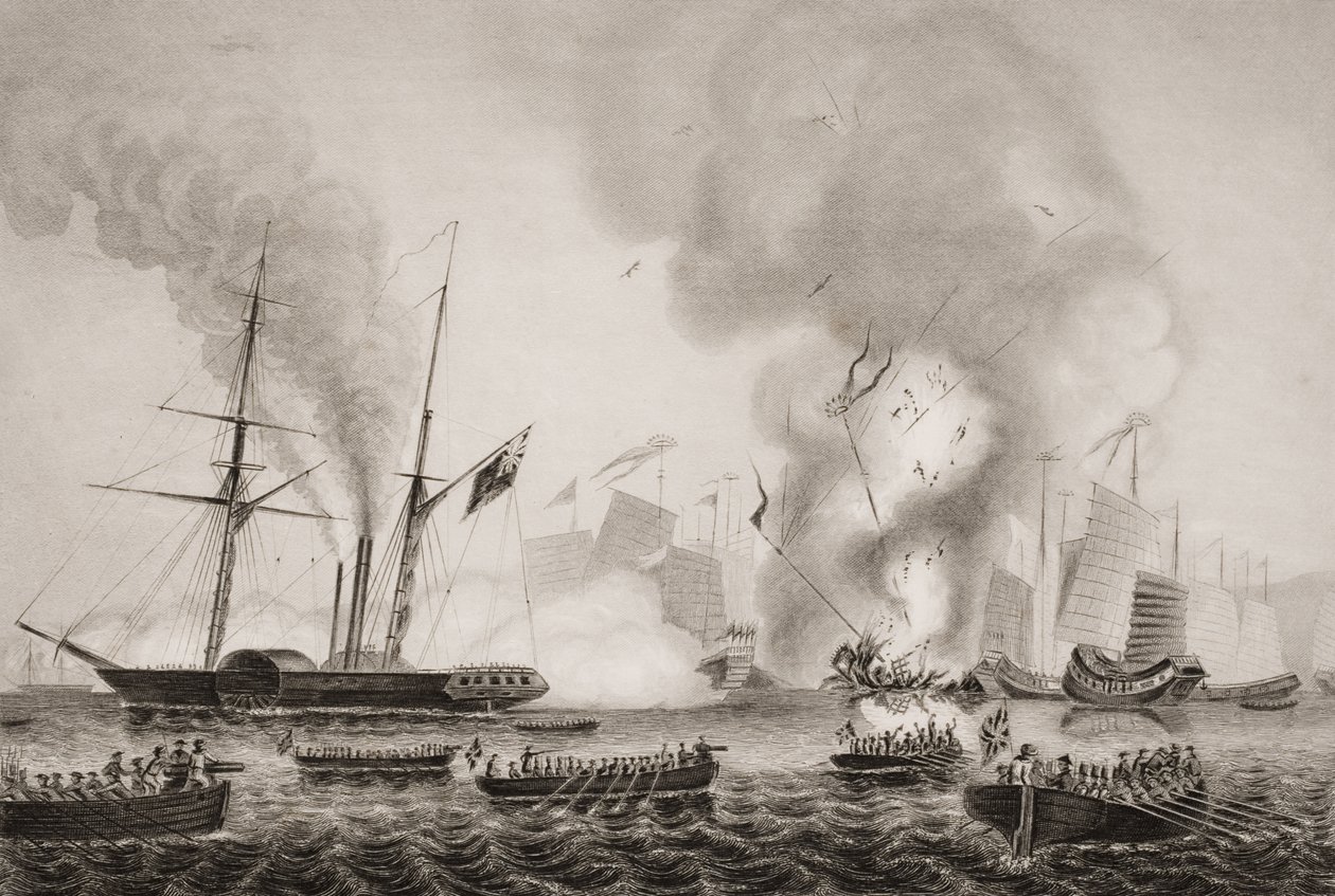 The Hon. East India Companyn höyrylaiva Nemesis ja The Sulphurin, Calliopen, Larnen ja Starlingin veneet tuhoavat kiinalaisia sotajätteitä Ansons Bayssä. 7. tammikuuta 1841, kuvitus julkaisusta 