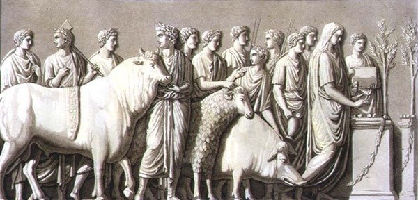 Basreliefi härästä, pässistä ja villisiasta johti votiivialttarille, Jules Ferrarion "Le Costume Ancien et Moderne", Fumagallin kaivertama, julkaistu 1820-30-luvulla (värilitho) tekijältä G. (after) Bramati