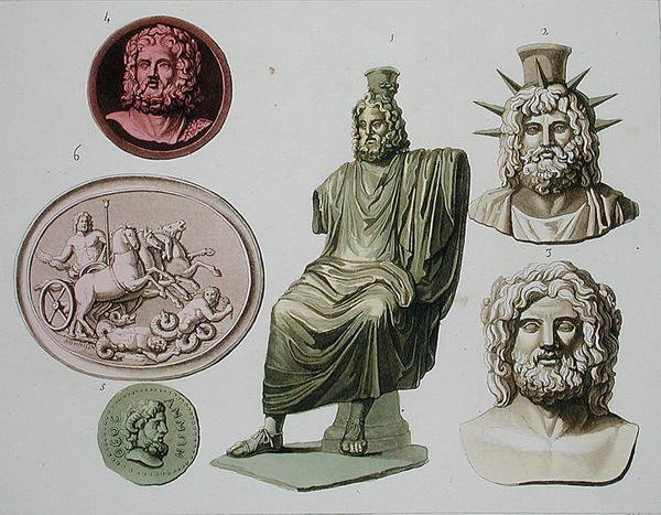 Zeuksen, Jupiterin tai Joven esitykset, levy 51 Jules Ferrarion teoksesta "Le Costume Ancien et Moderne", kaiverrettu D.K. Bonnatti, julkaistu noin 1820-30-luvulla (värilitho) tekijältä G. (after) Bramati