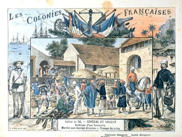 Koulukirjan kansi, jossa kuvataan kohtauksia Ranskan Senegalin ja Sudanin siirtomaista, 1800-luvun loppupuoli (värilitografia). tekijältä G. (after) Dascher