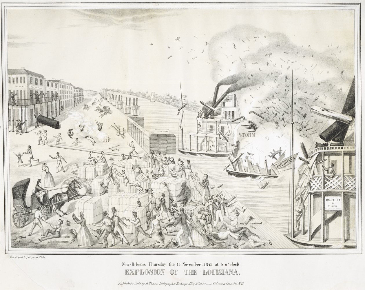 New Orleans Torstaina 15. marraskuuta 1849 klo 5, Louisianan räjähdys, n. 1849 (kromolitografia) tekijältä G. (after) Tolti