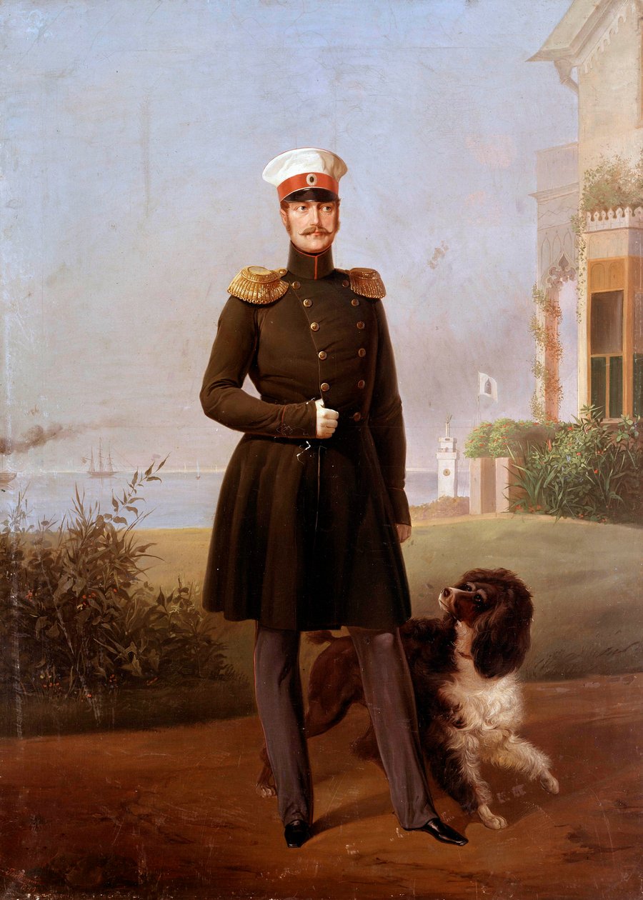 Muotokuva jalassa Venäjän tsaarista Nikolai I:stä (1796-1855) Peterhofissa Georg Botmannin maalaus (1800-luku). 1800-luvulla. Pietari. Chateau De Peterhof tekijältä G. Botmann