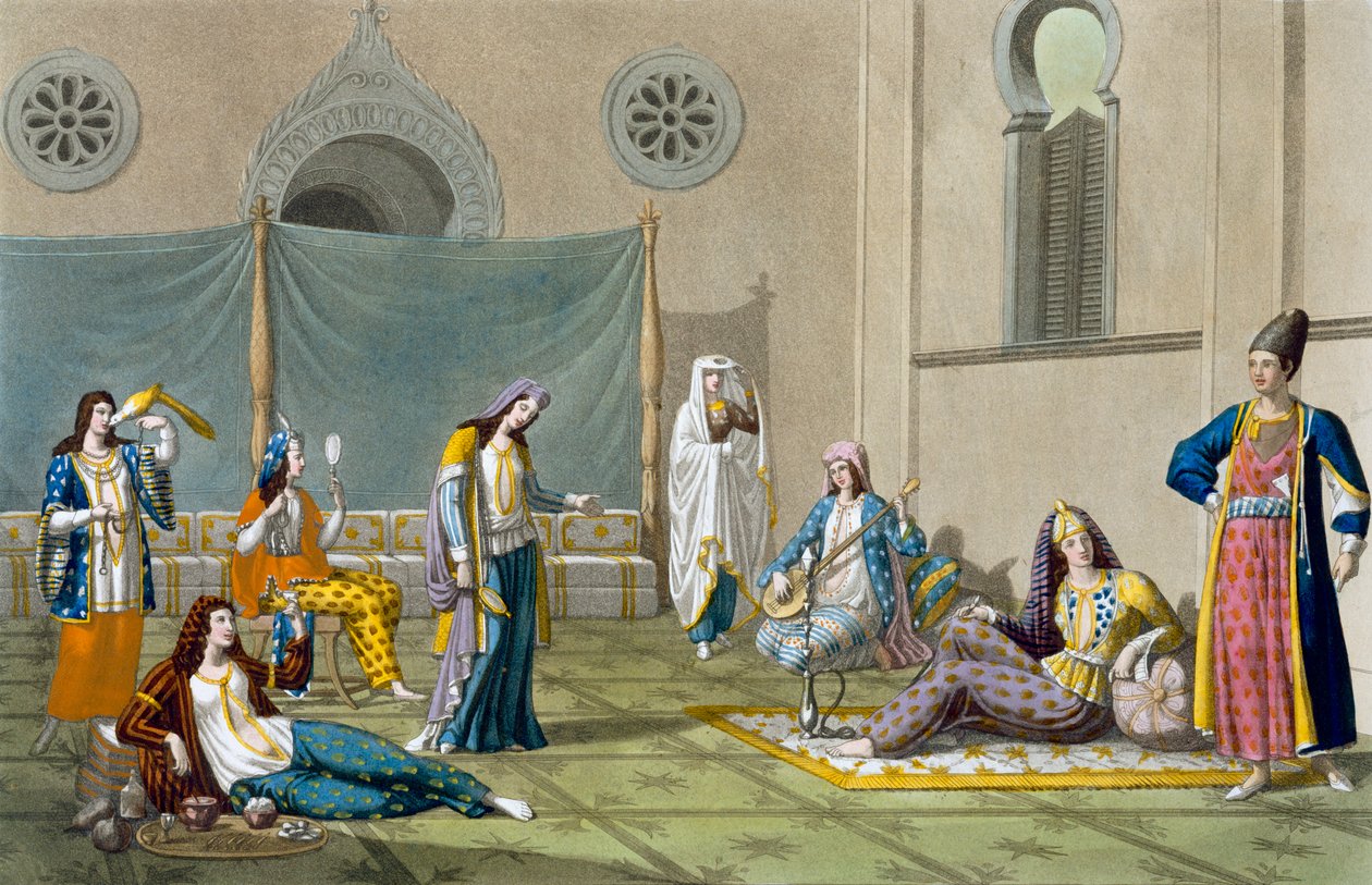 Persialainen haaremi, Jules Ferrarion teoksesta Le Costume Ancien et Moderne, osa I, levy 47, julkaistu noin 1820-30-luvulla tekijältä G. Bramati